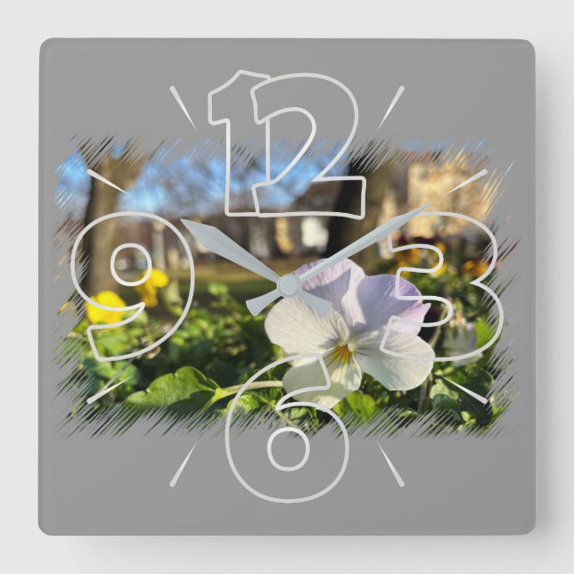 Silver white pansy square wall clock (Front)