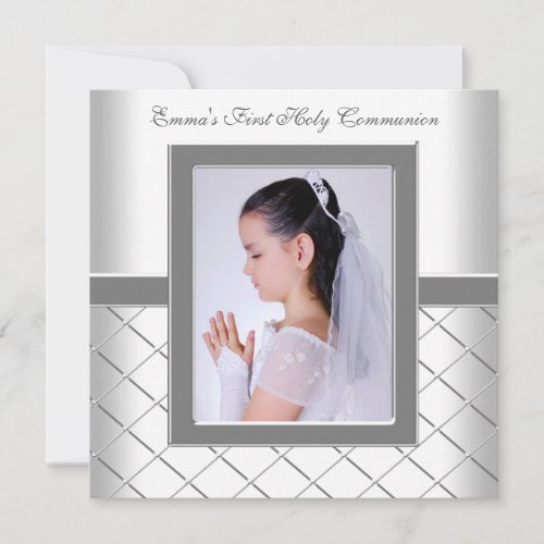 Silver White Photo Girls 1st Communion Personalized Invites