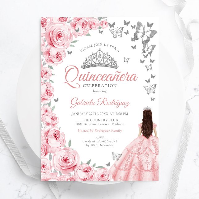 Silver White Pink Floral Quinceanera Invitation (Creator Uploaded)