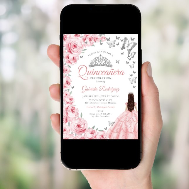 Silver White Pink Floral Quinceanera Invitation (Front Digital)