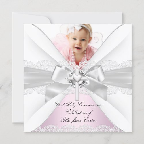 Silver White Pink Photo First Holy Communion Invitation