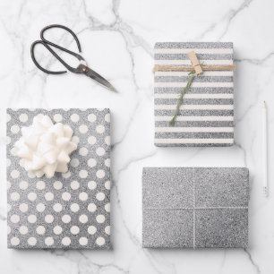 Silver White Polka Dots Stripes Christmas Holiday Wrapping Paper Sheets