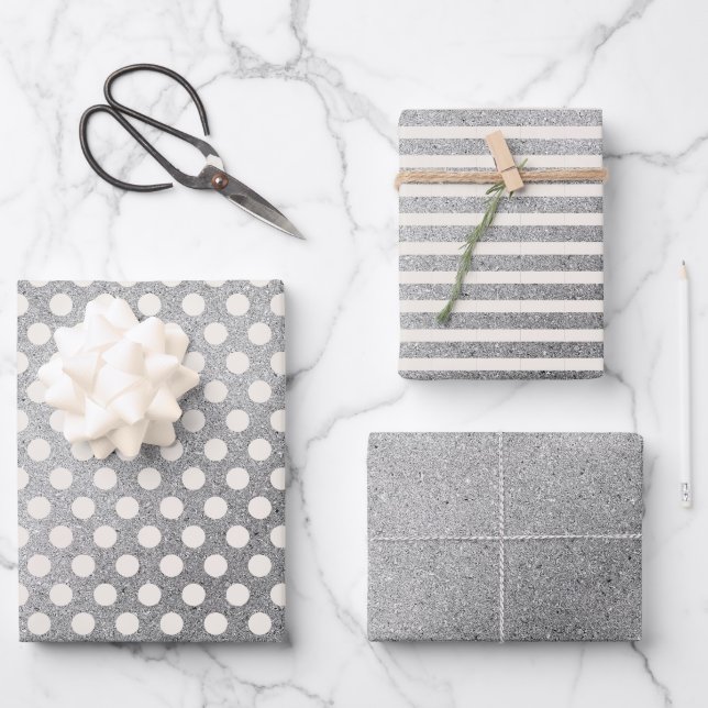 Silver White Polka Dots Stripes Christmas Holiday Wrapping Paper Sheets (Front)