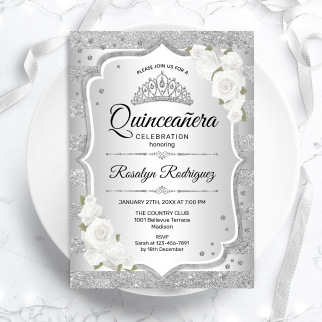 Silver White Quinceanera Invitation