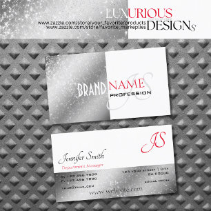 Silver White Red Soft Glitter Stars and Monogram Business Card