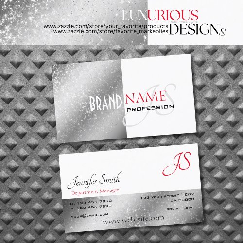 Silver White Red Tiny Glitter Stars and Monogram Business Card