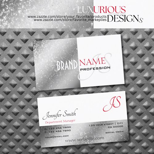 Silver White Red with Glitter Stars and Monogram Business Card