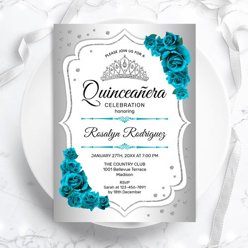 Silver White Royal Teal Quinceanera Invitation