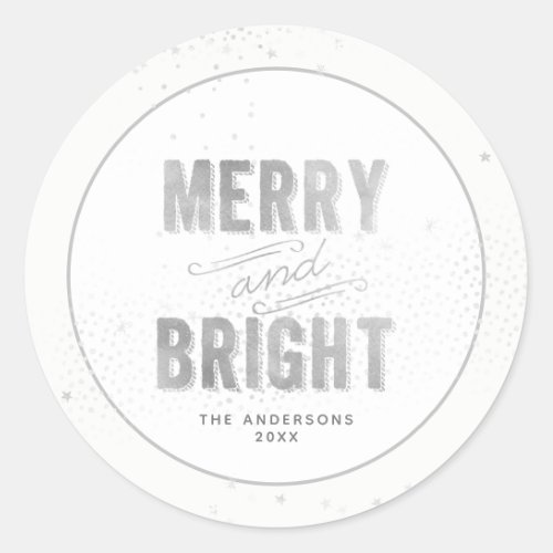 Silver  White Snowflake Merry and Bright Holiday Classic Round Sticker