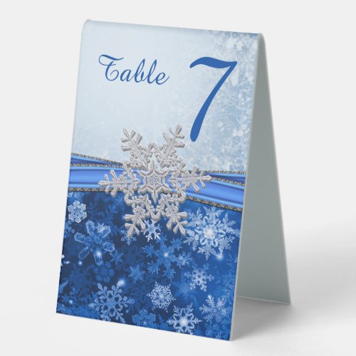 Silver White Snowflake on Blue Table Number Table Tent Sign