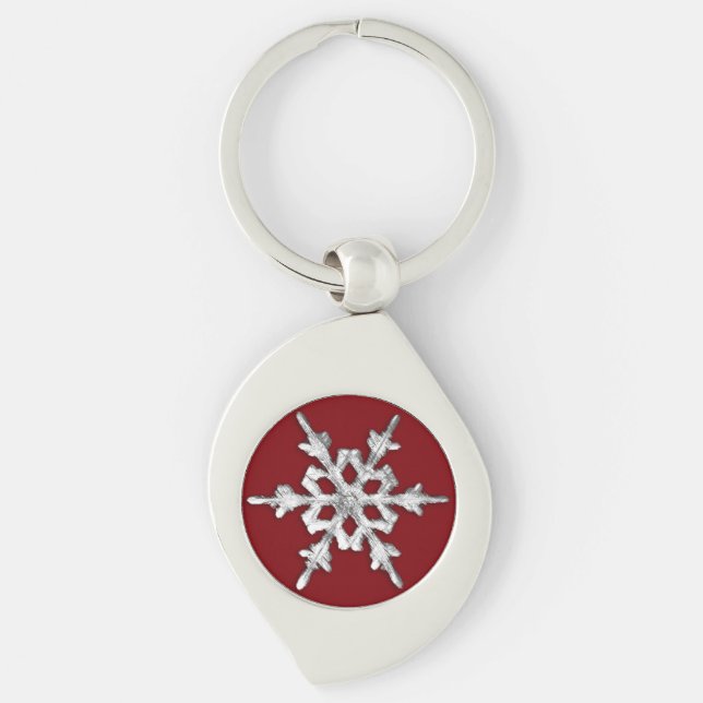 Silver & white snowflake on deep red keychain (Front)