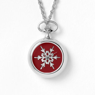 Silver & white snowflake on deep red watch