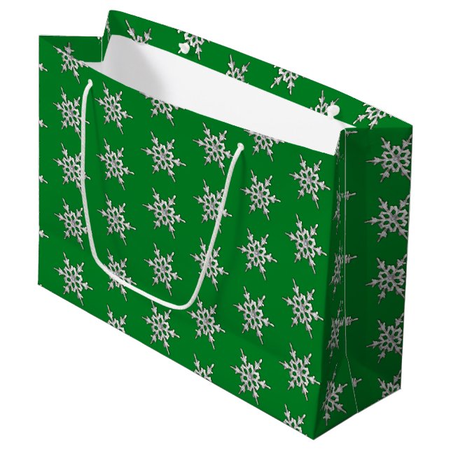 Silver & white snowflake on pine green large gift bag (Front Angled)
