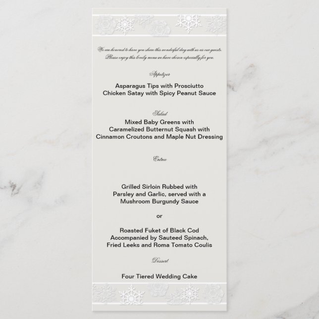 Silver White Snowflake Winter Wedding Menu (Front)