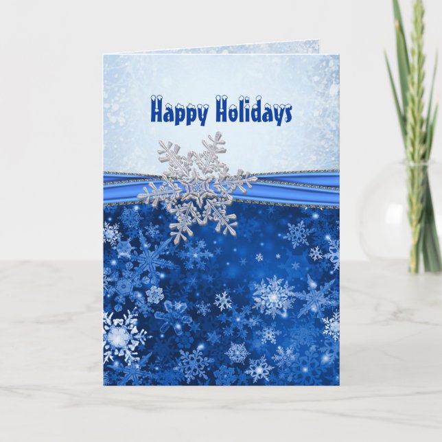 Silver white snowflakes on blue Christmas holidays Holiday Card (Front)