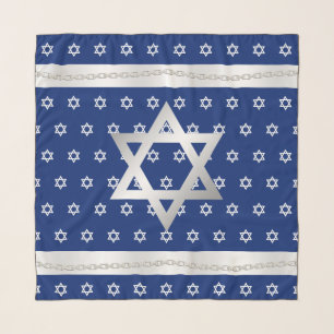 Silver White Star of David Chain Trim Blue Head Scarf