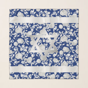 Silver White Star of David Navy Blue Floral Head Scarf