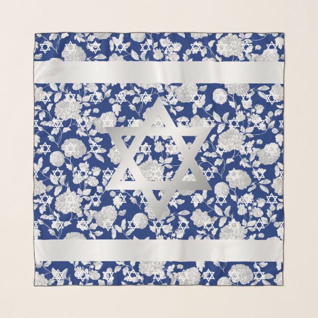 Silver White Star of David Navy Blue Floral Head Scarf (Front)