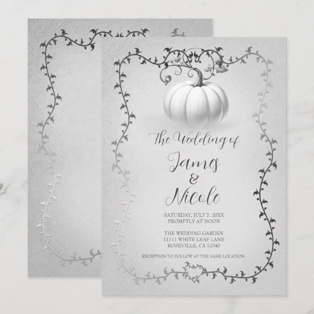 Silver & White Storybook Pumpkin Wedding Invitation (Front/Back)
