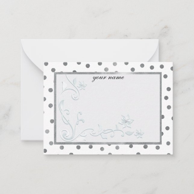 silver white stylish monogrammed  note card (Front)