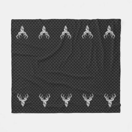 Silver White Tail Deer on Carbon Fiber Style Print Fleece Blanket