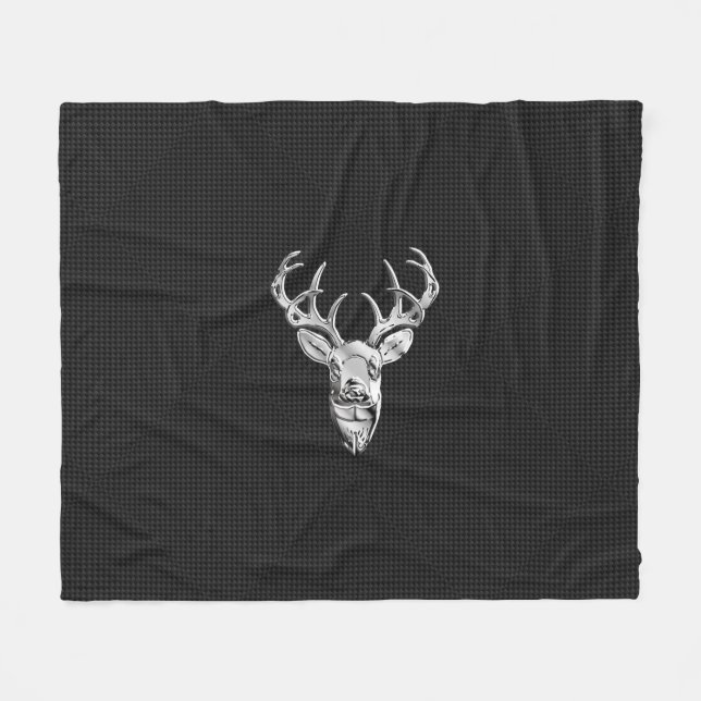Silver White Tail Deer on Carbon Fiber Style Print Fleece Blanket (Front (Horizontal))