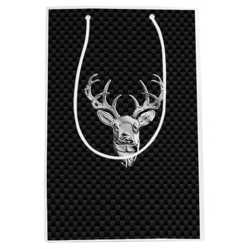 Silver White Tail Deer on Carbon Fiber Style Print Medium Gift Bag