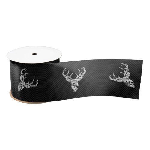 Silver White Tail Deer on Carbon Fiber Style Print Satin Ribbon