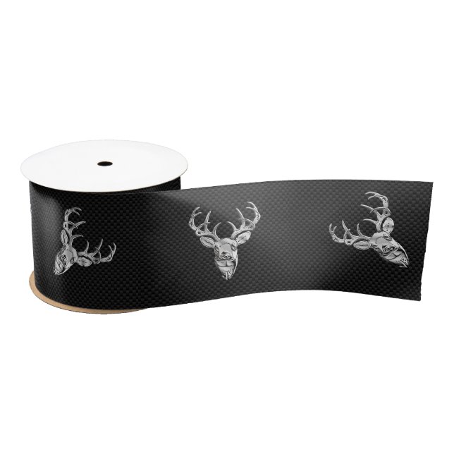 Silver White Tail Deer on Carbon Fiber Style Print Satin Ribbon (Spool)