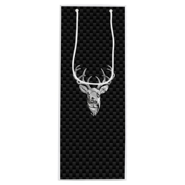 Silver White Tail Deer on Carbon Fiber Style Print Wine Gift Bag (Front)