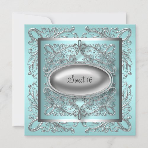 Silver White Teal Blue Sweet 16 Birthday Party Personalized Announcement