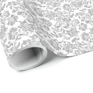 Silver & White Vintage Floral Damasks Wrapping Paper