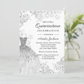 Silver White Vintage Floral Dress Quinceanera Invitation (Standing Front)
