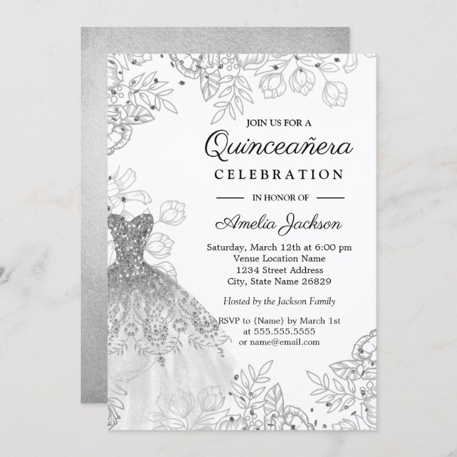 Silver White Vintage Floral Dress Quinceanera Invitation (Front/Back)