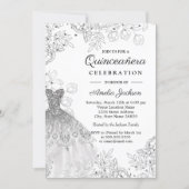 Silver White Vintage Floral Dress Quinceanera Invitation (Front)
