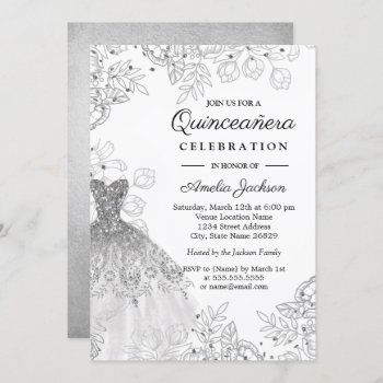 Silver White Vintage Floral Dress Quinceanera Invitation by LittleBayleigh at Zazzle