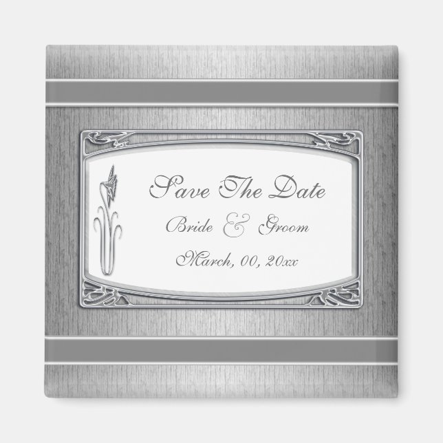 Silver white vintage floral wedding magnet (Front)