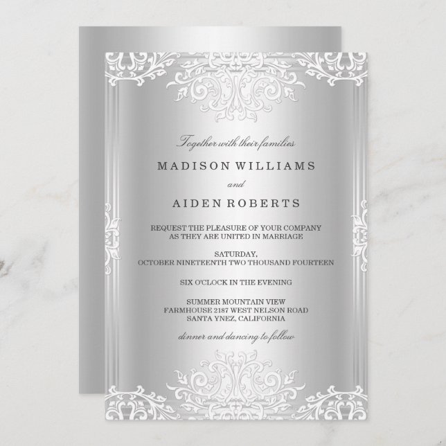 Silver White Vintage Glamour Wedding Invitation (Front/Back)
