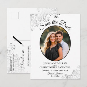 Silver & White Wedding Save the Date Oval Photo Announcement Postcard