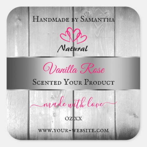 Silver White Wood Grain Product Labels Pink Hearts