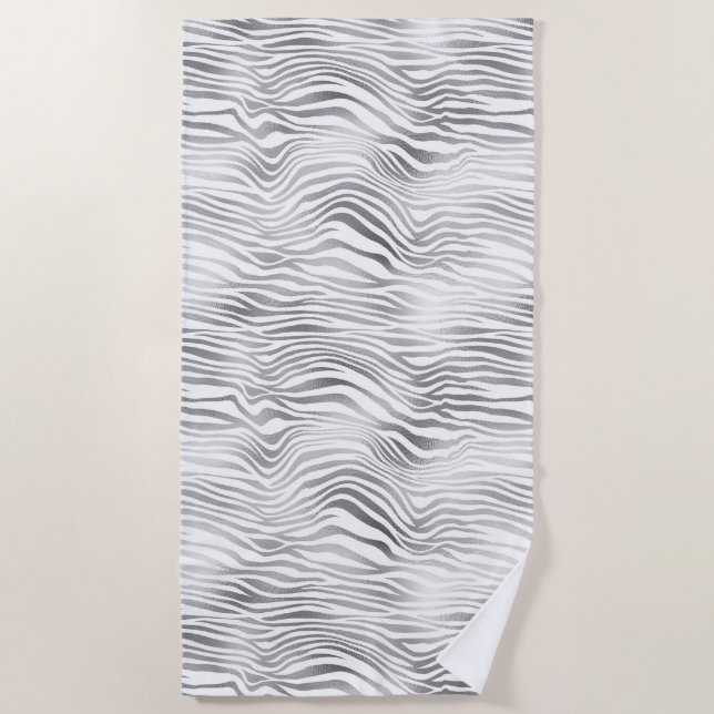 Silver White Zebra Print Beach Towel (Front)