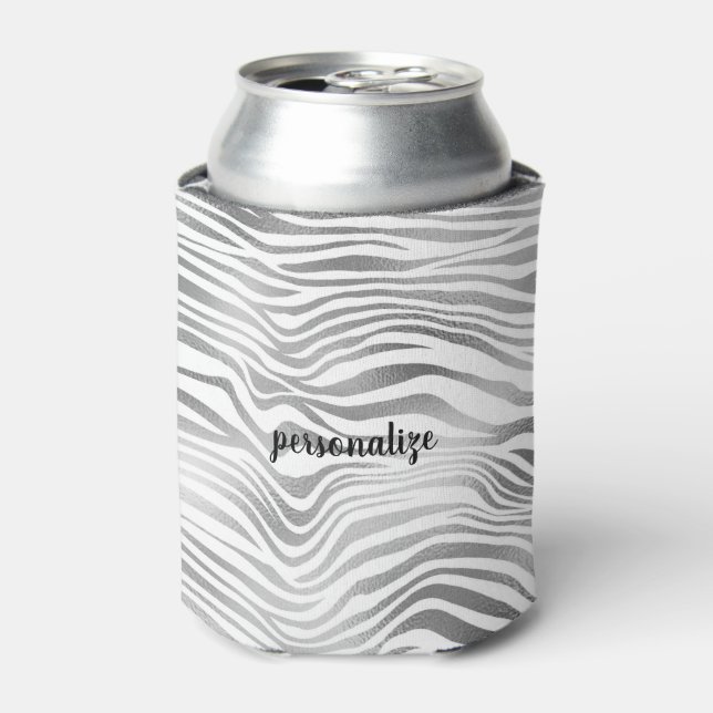 Silver White Zebra Print Can Cooler (Can Front)