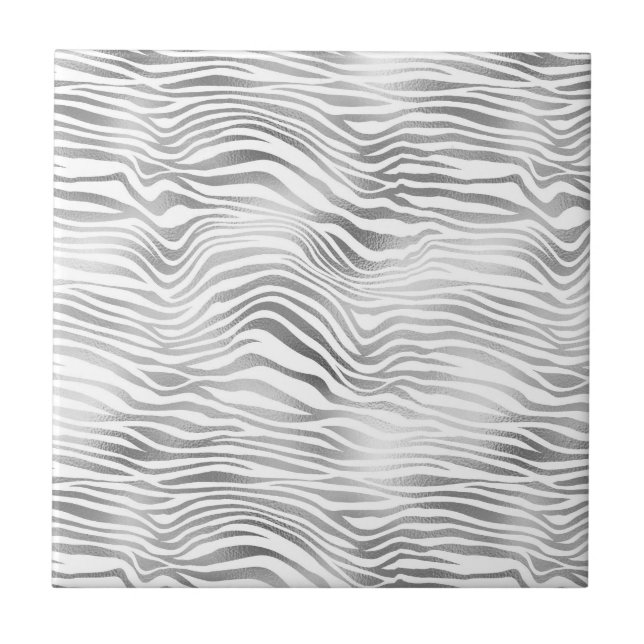 Silver White Zebra Print Ceramic Tile (Front)