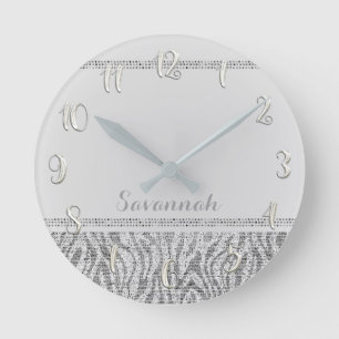 Silver White Zebra Print Glam Sequins Glitter Round Clock