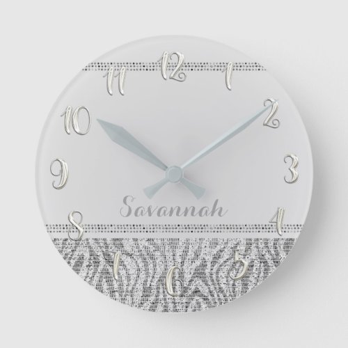 Silver White Zebra Print Glam Sequins Glitter Round Clock