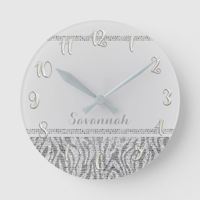 Silver White Zebra Print Glam Sequins Glitter Round Clock (Front)