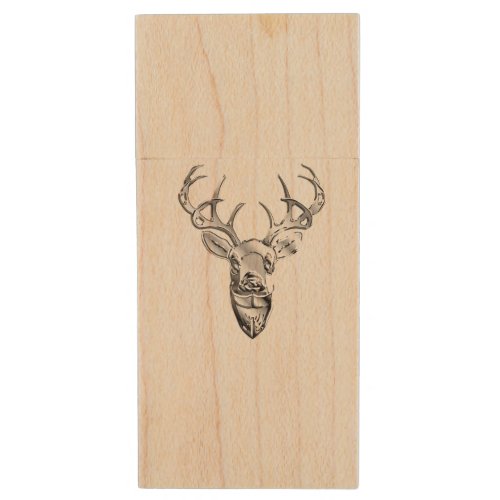 Silver Whitetail Deer on Carbon Fiber Style Print Wood Flash Drive