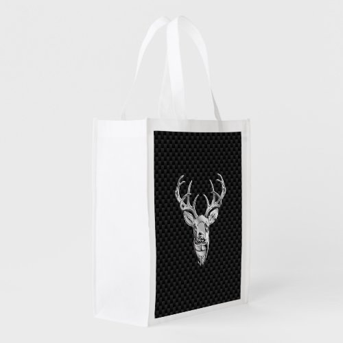 Silver Wild Deer on Carbon Fiber Style Print Grocery Bag
