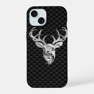 Silver Wild Deer on Carbon Fiber Style Print iPhone 15 Case