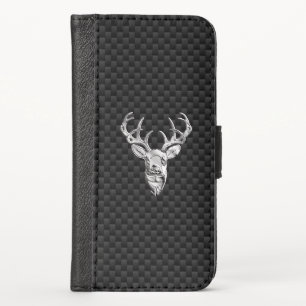 Silver Wild Deer on Carbon Fiber Style Print iPhone X Wallet Case